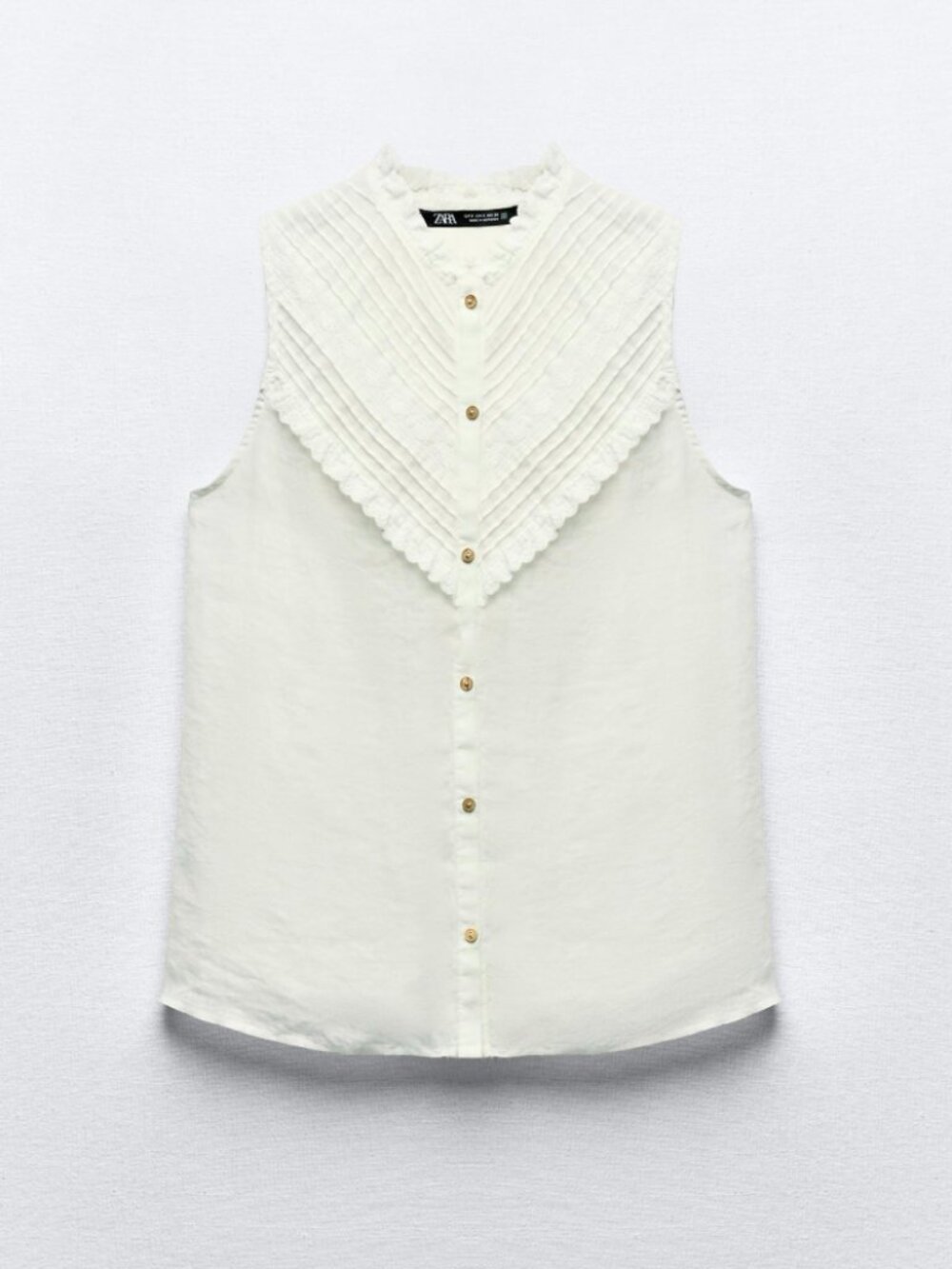 Zara White Ramie Romantic Pintuck Blouse Eyelet Lace Top M